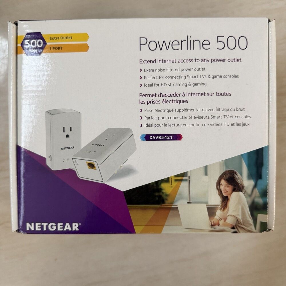NETGEAR Powerline 500 XAVB5421 PassThru Extra Outlet Ethernet Adapter Kit NEW